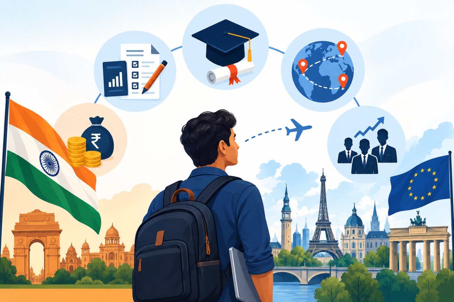 Indian student preparing for the ESCP MiM with application, funding, international mobility and European career opportunities illustrated